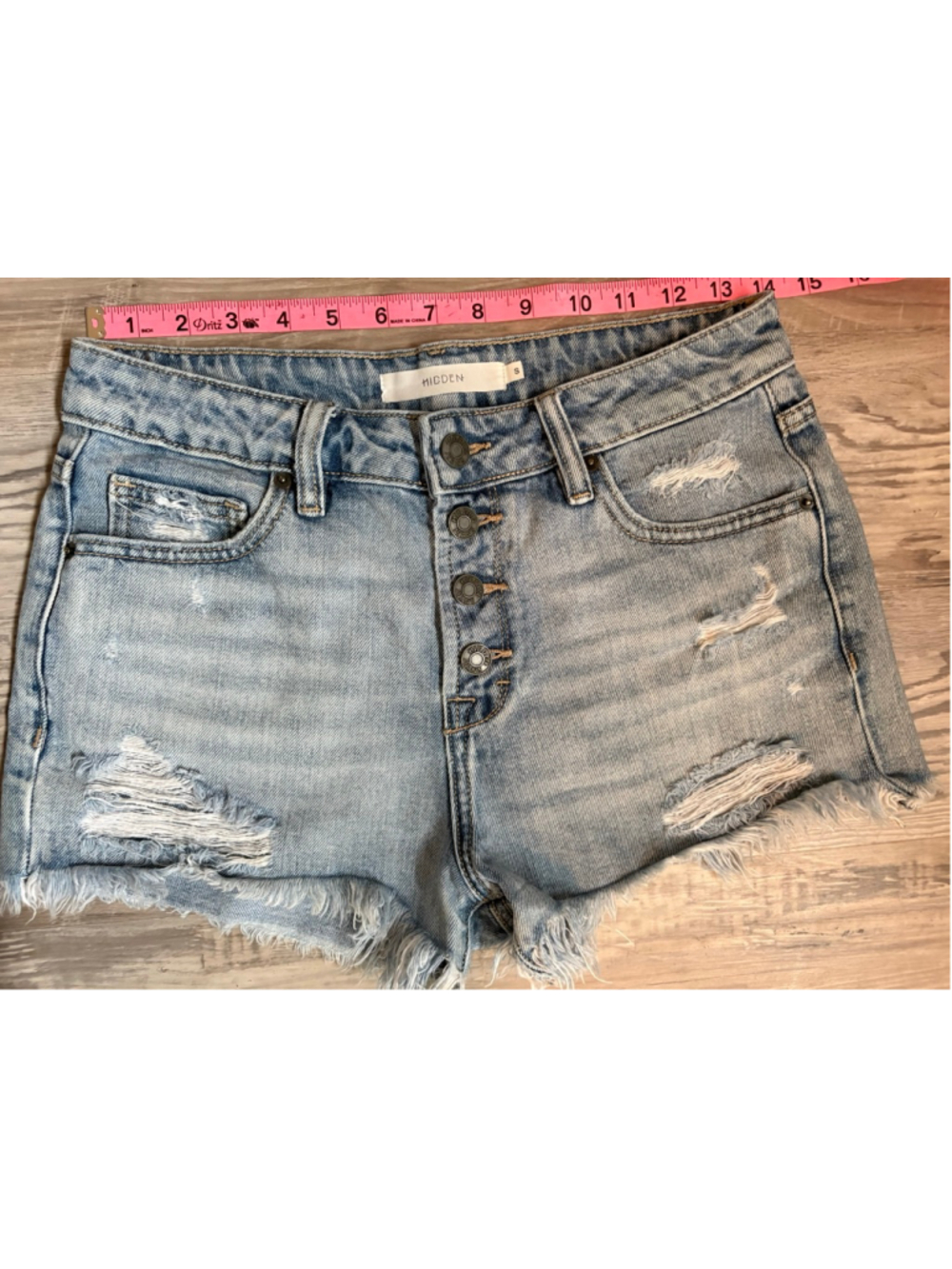 Hidden Jeans Distressed High Rise Denim Shorts Button Fly Light Wash S - Picture 8 of 12